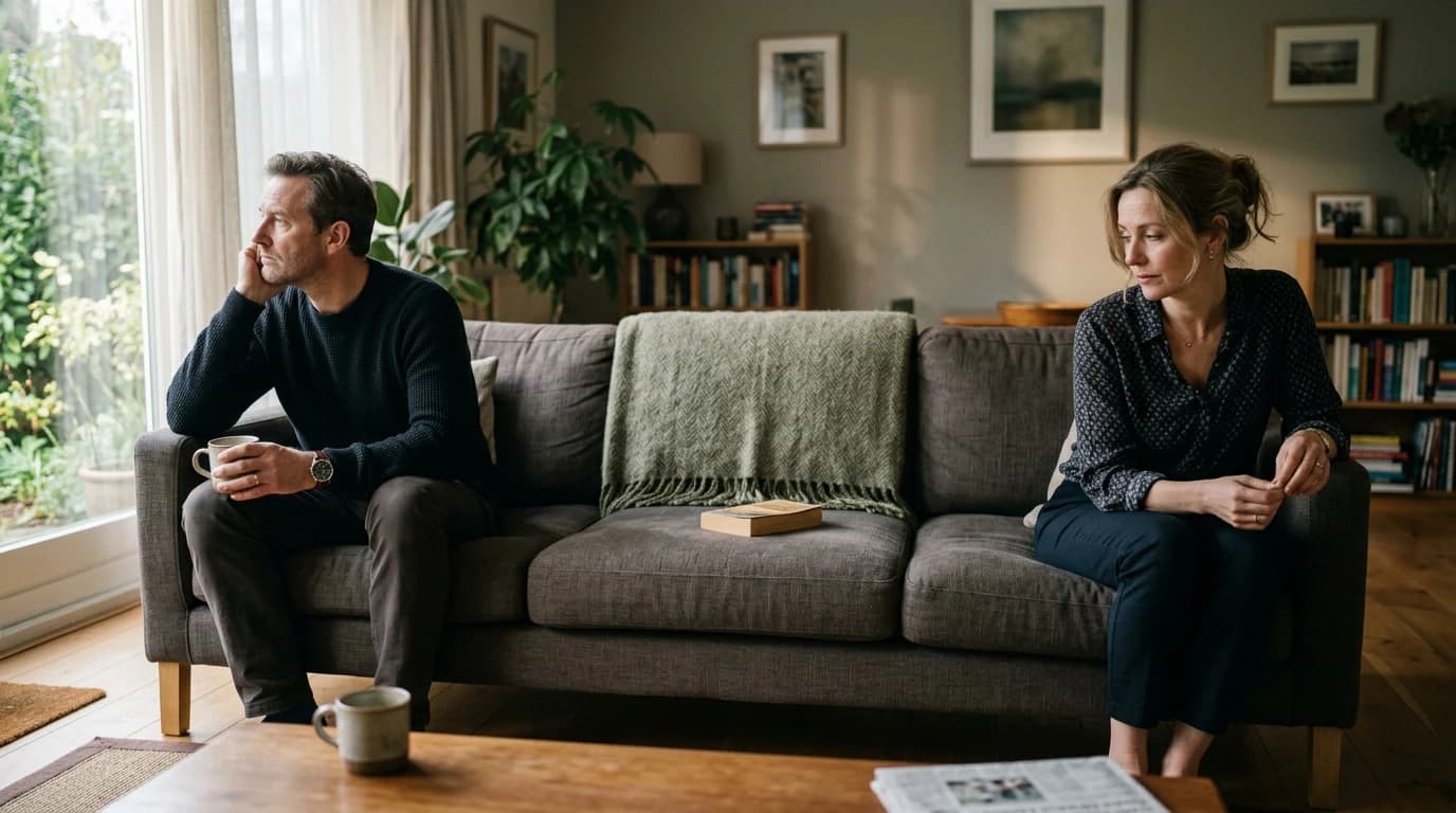 Cuplu pe canapea cu distanță vizibilă între ei, fiecare privind în altă direcție — singurătate în doi și nevoie de claritate