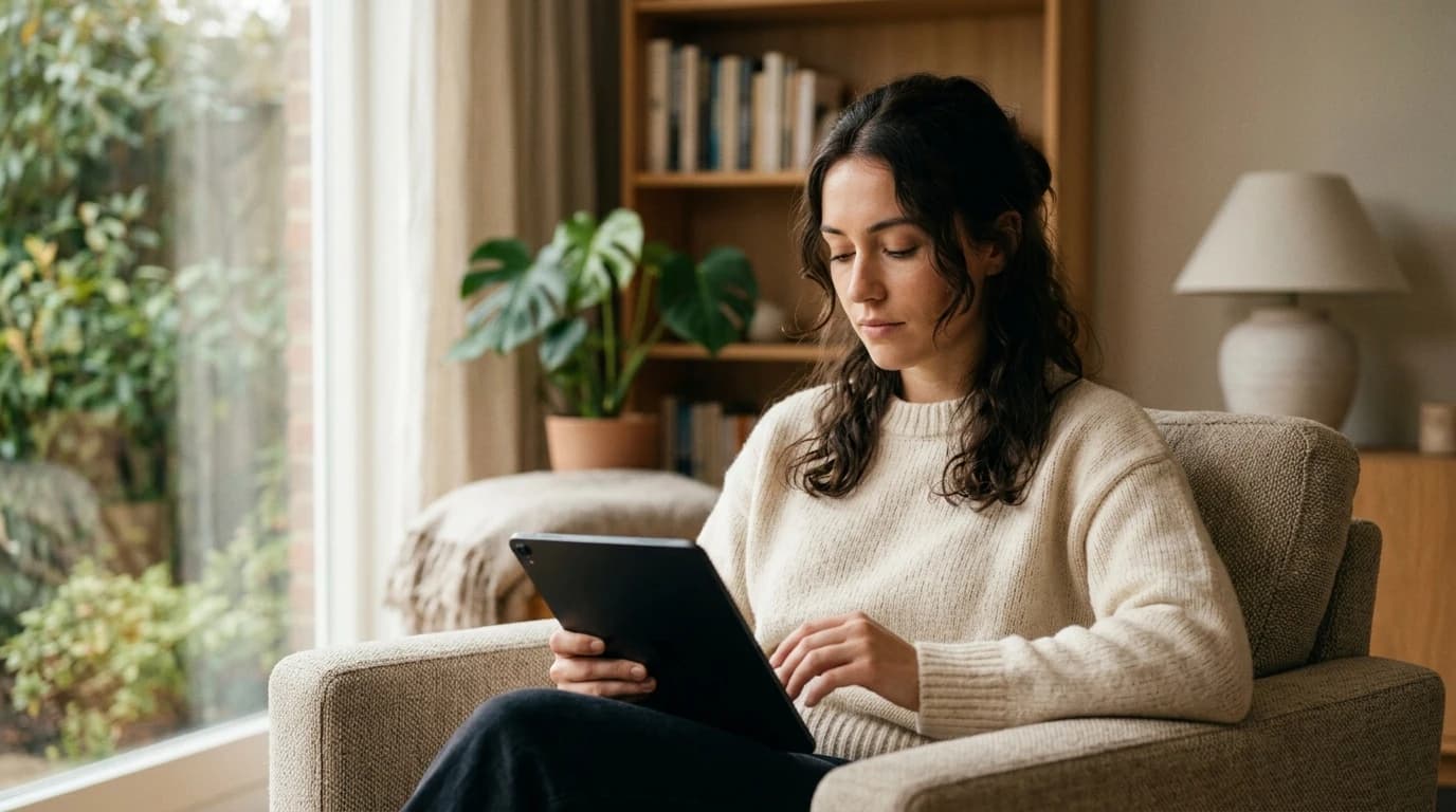Femeie în fotoliu citind pe tabletă într-o cameră liniștită — introspecție și claritate despre relație