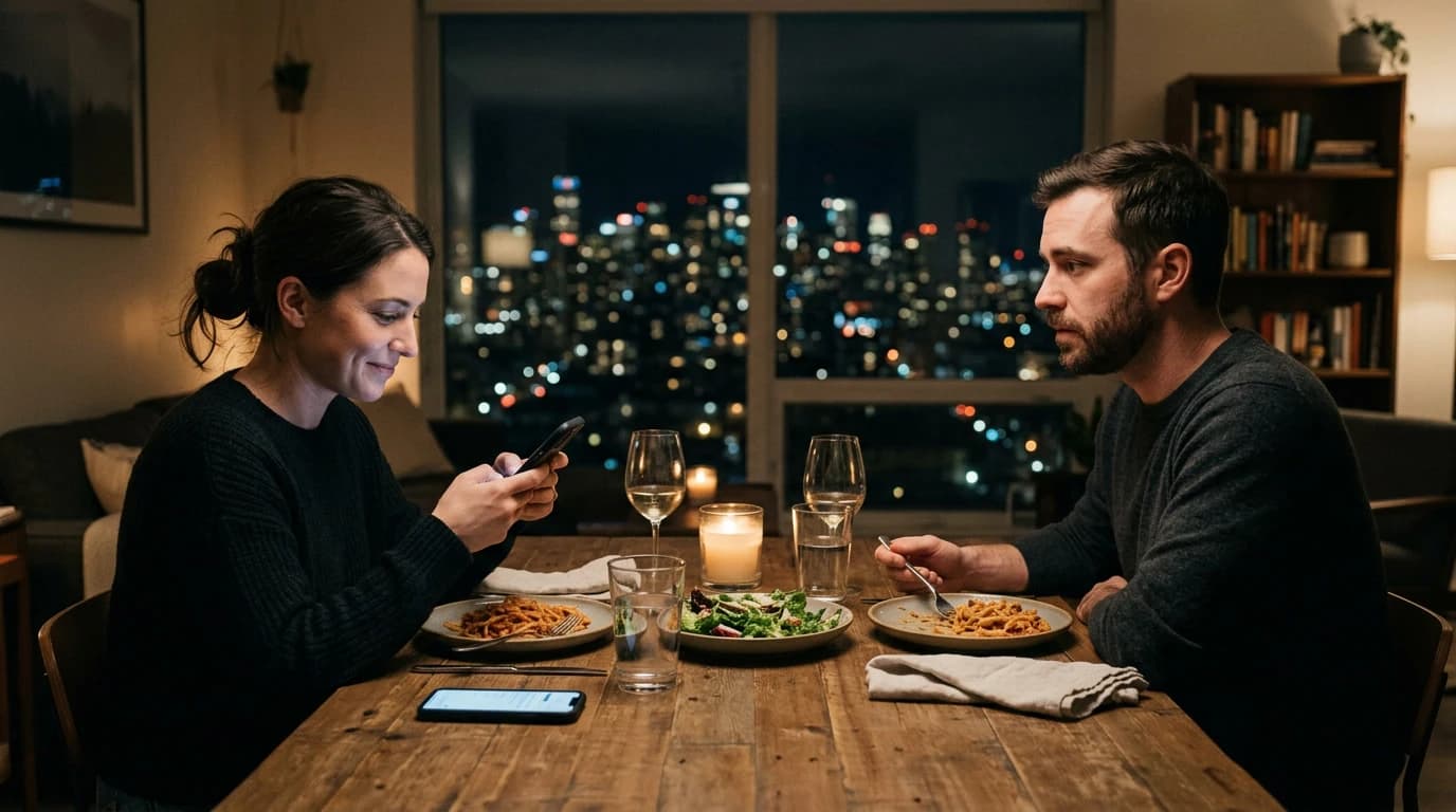 Femeie zâmbind la telefon în timp ce partenerul o privește îngrijorat la cina în doi — distanță și comportament riscant în cuplu