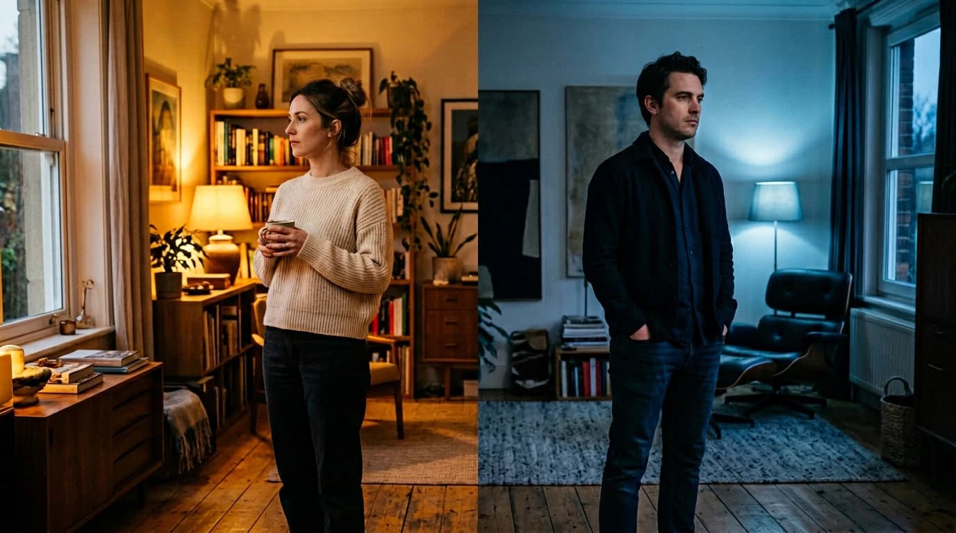 Femeie în cameră caldă și bărbat în cameră rece — doi parteneri care trăiesc realități emoționale diferite în aceeași relație