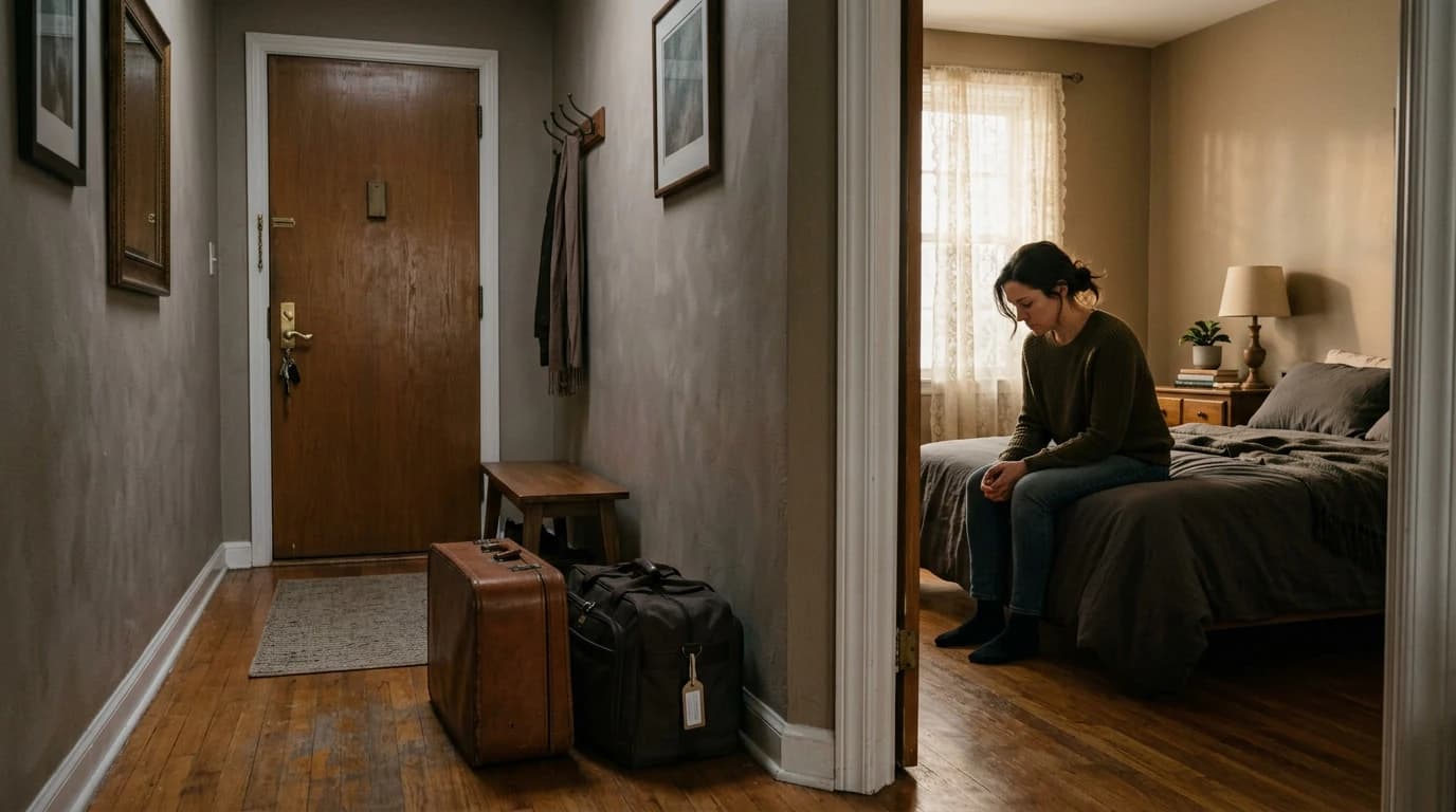 Valize pregătite la ușă și femeie singură pe marginea patului — moment de despărțire în cuplu
