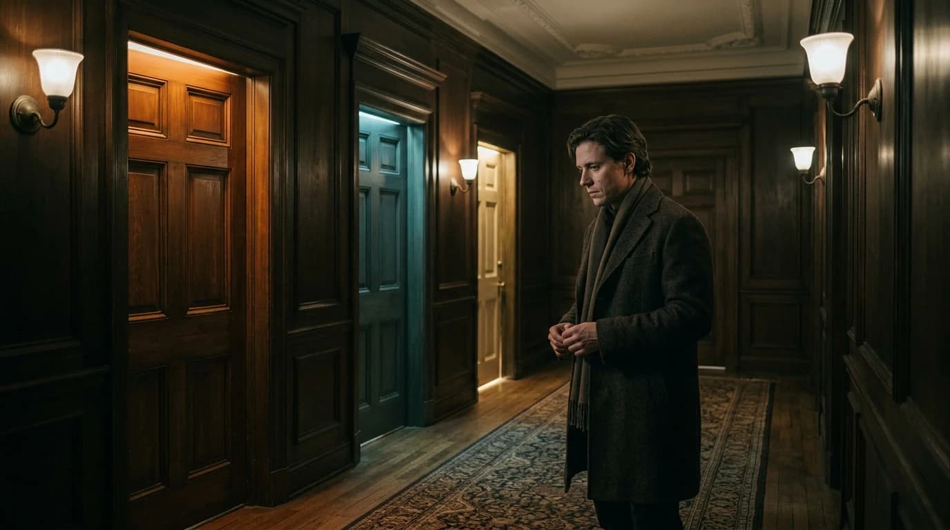 Bărbat în coridor cu uși multiple iluminate diferit — metaforă pentru alegere, dorință și viață interioară complexă
