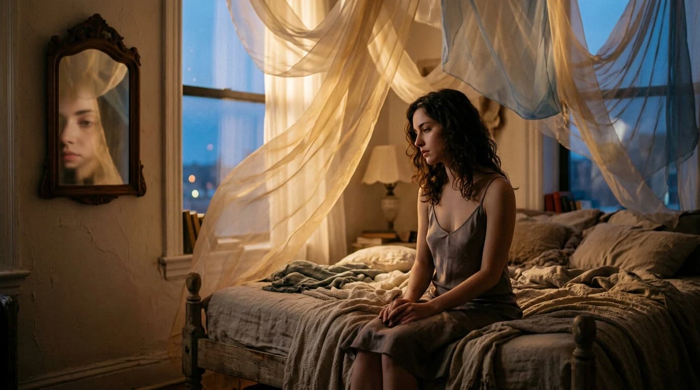 Femeie singură pe marginea patului cu reflexie în oglindă — introspecție, dorință și viață interioară