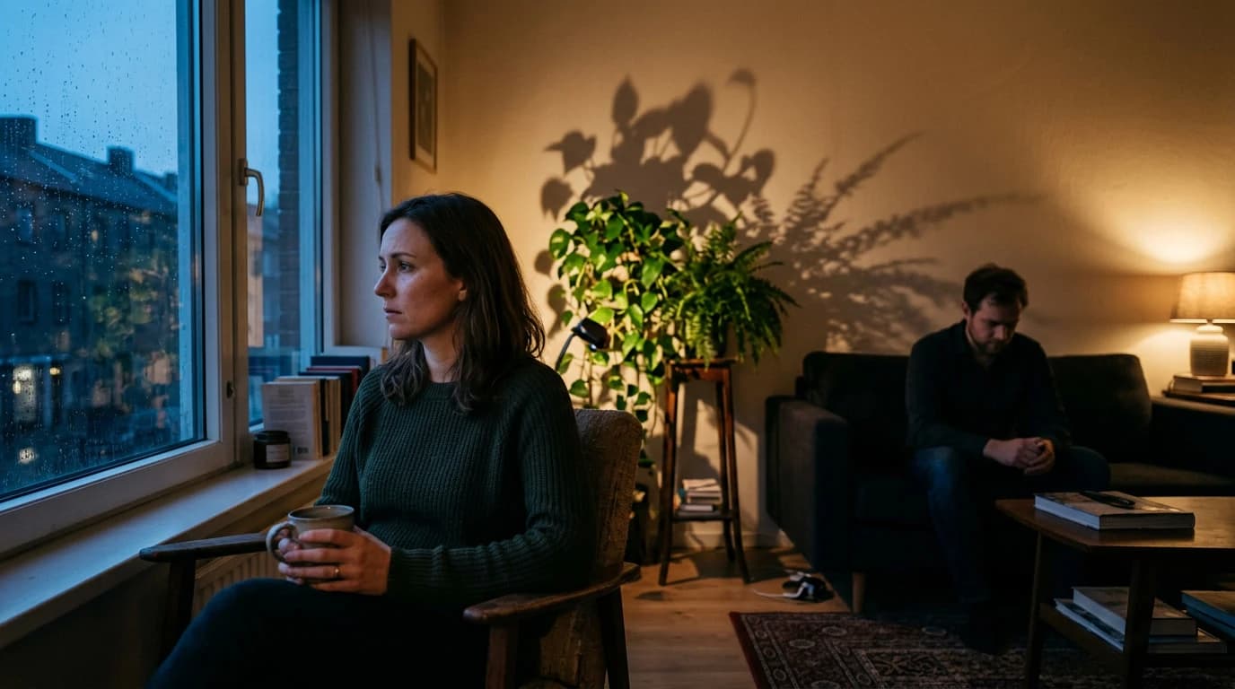 Femeie privind pe fereastră îngrijorată, partener în fundal, distanță emoțională în cuplu