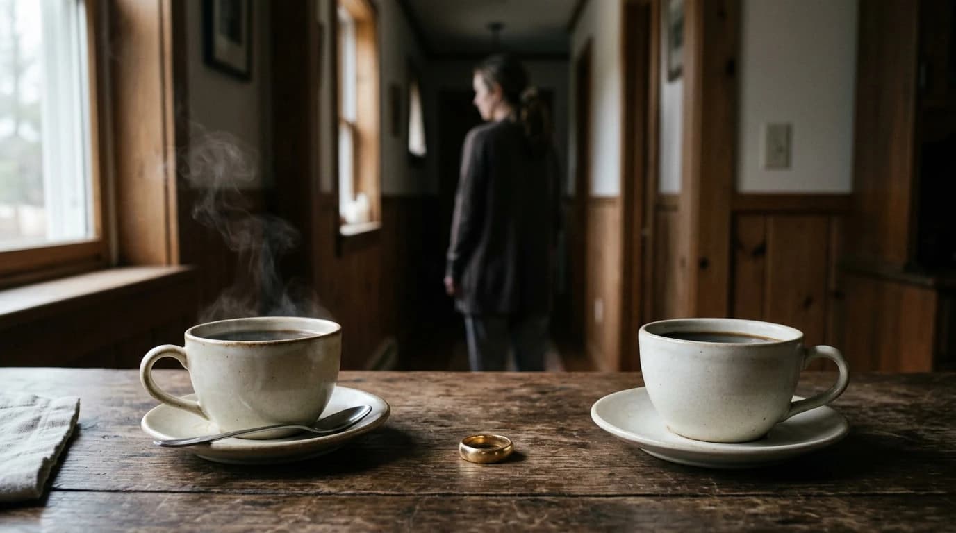 Două cești de cafea pe o masă de lemn și un inel de nuntă, femeie singură în fundal — simbol al trădării în cuplu