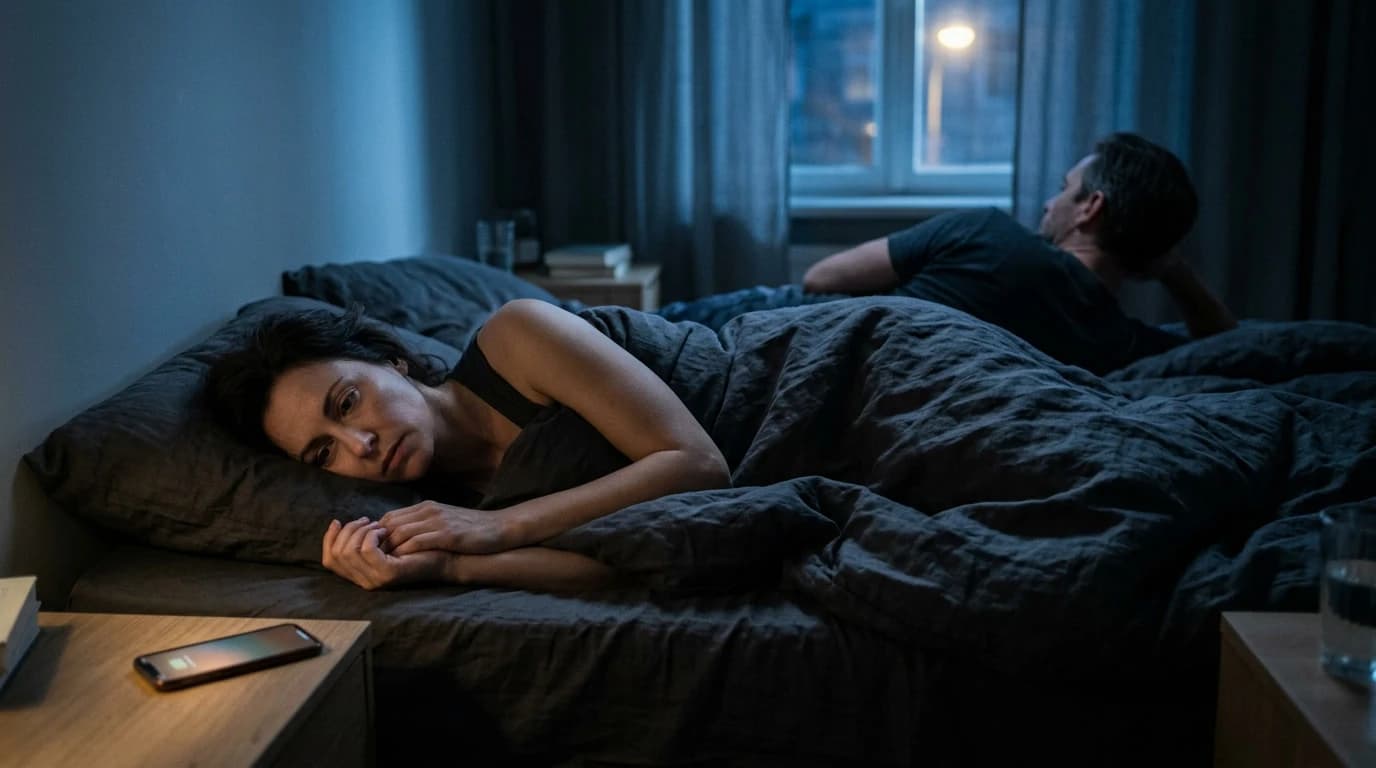 Femeie trează noaptea cu privire pierdută, partener întors cu spatele în pat — distanță și nesiguranță în cuplu