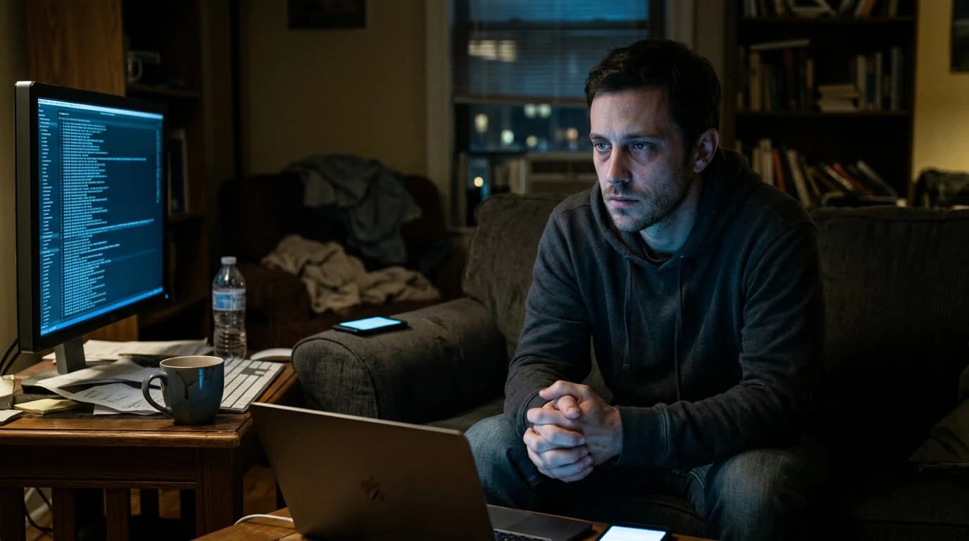 Bărbat singur noaptea în fața ecranelor de calculator — izolare, compulsie digitală și comportament erotic repetitiv