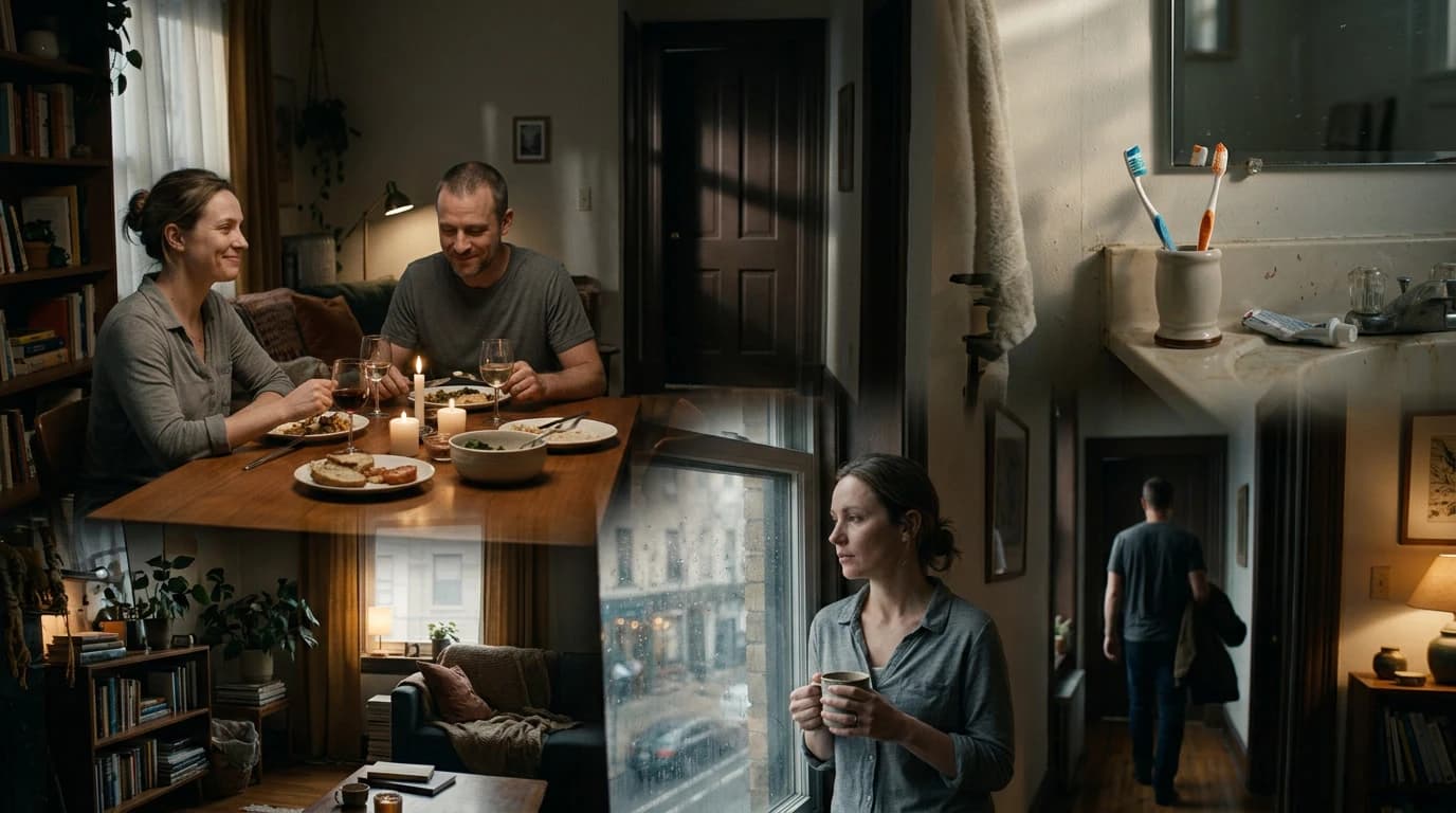 Colaj cu momente de cuplu — cină romantică, femeie singură la fereastră, periuțe de dinți în doi, bărbat plecând — trecerea timpului într-o relație