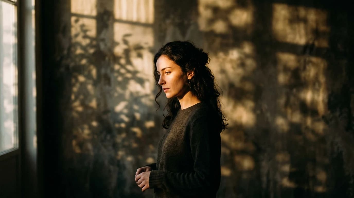 Femeie în lumină și umbră cu umbre de frunze pe perete — metaforă pentru viața interioară și umbra dorinței